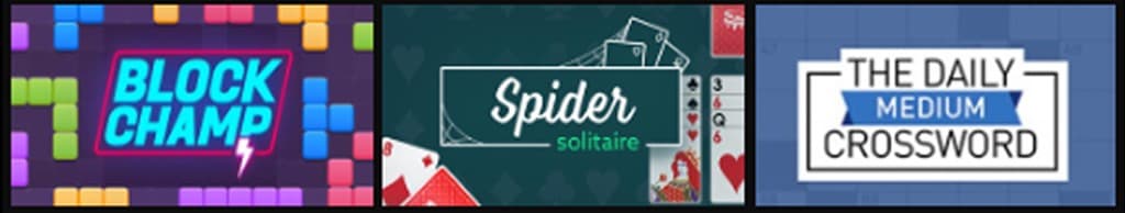 Single agent games: Block Champ, Spider Solitaire, and The Daily Medium Crossword